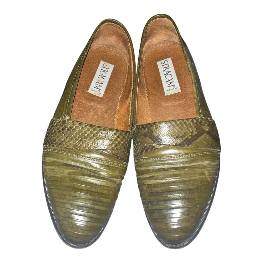 Stracam Vintage Men's Olive Green Genuine Snakeskin Pattern Slip-On Dress Shoes